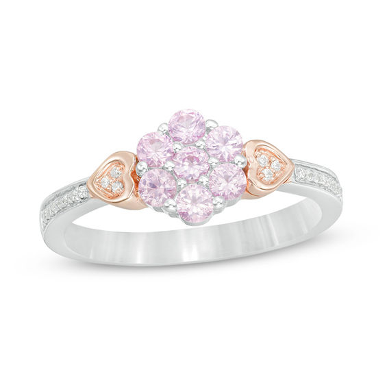 Lab-Created Pink Sapphire and 0.066 CT. T.W. Diamond Double Heart Flower Ring in Sterling Silver and 10K Rose Gold