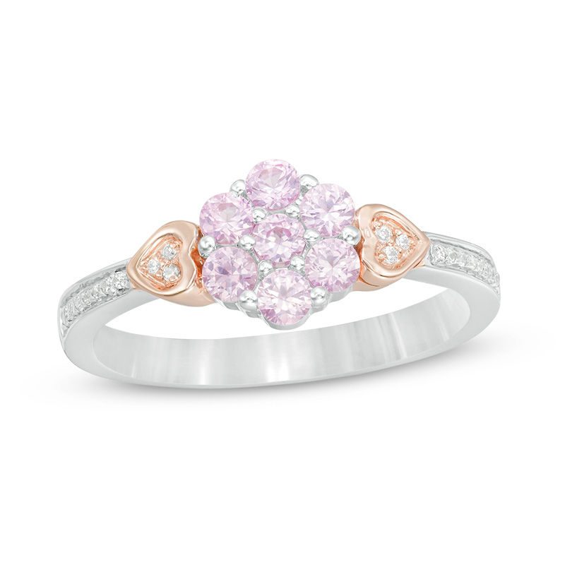 Lab-Created Pink Sapphire and 0.066 CT. T.W. Diamond Double Heart Flower Ring in Sterling Silver and 10K Rose Gold|Peoples Jewellers
