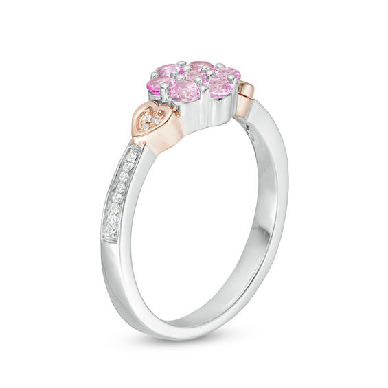 Lab-Created Pink Sapphire and 0.066 CT. T.W. Diamond Double Heart Flower Ring in Sterling Silver and 10K Rose Gold