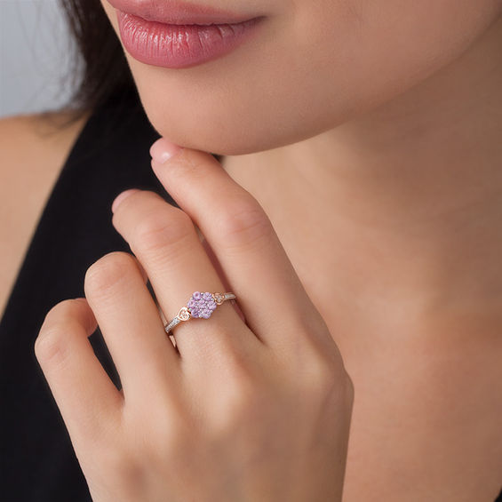 Lab-Created Pink Sapphire and 0.066 CT. T.W. Diamond Double Heart Flower Ring in Sterling Silver and 10K Rose Gold