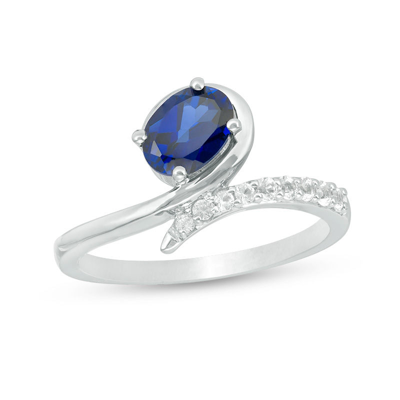 Oval Lab-Created Blue and White Sapphire Bypass Loop Ring in Sterling Silver|Peoples Jewellers