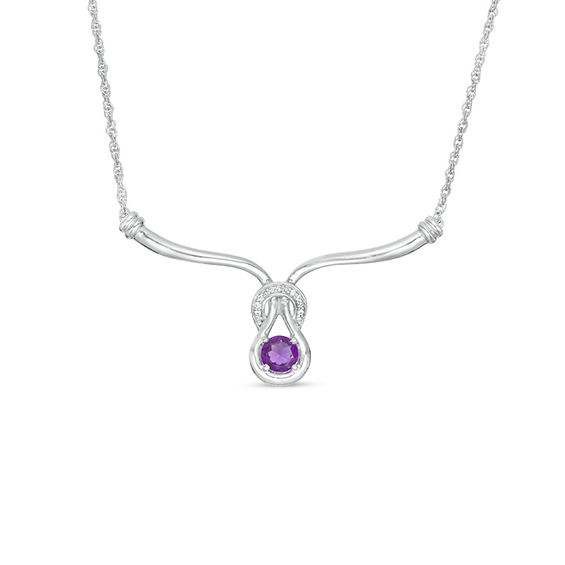 5.0mm Amethyst and 0.04 CT. T.W. Diamond Loop Knot Necklace in Sterling Silver