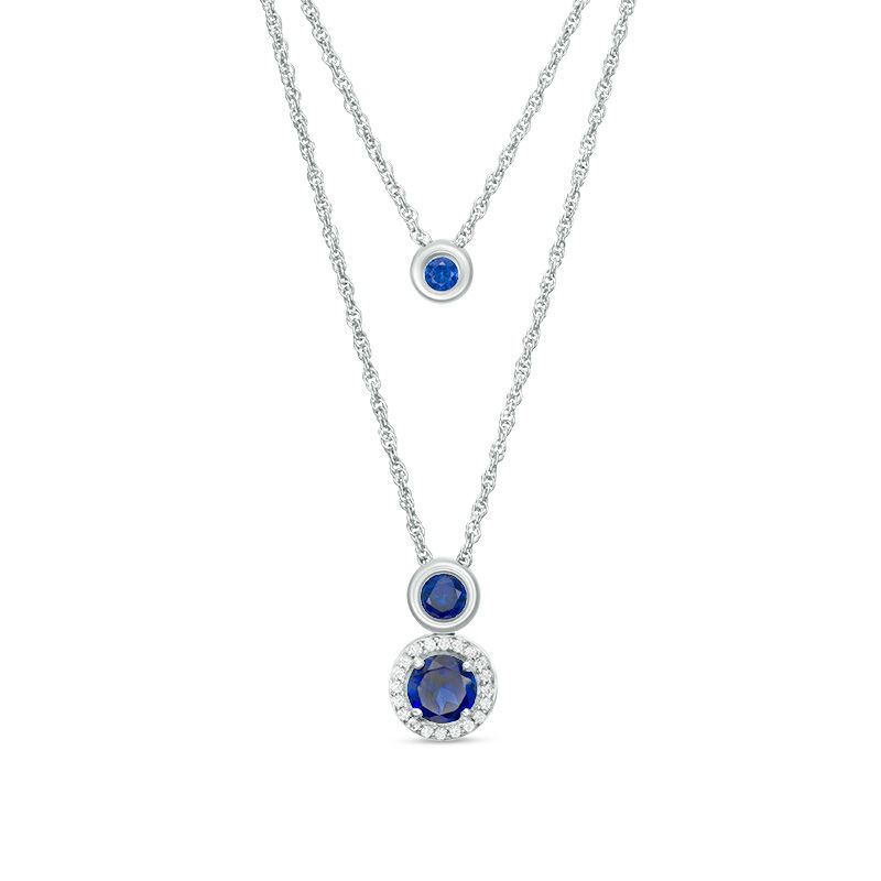 Lab-Created Blue and White Sapphire Frame Double Strand Necklace in Sterling Silver - 20"|Peoples Jewellers