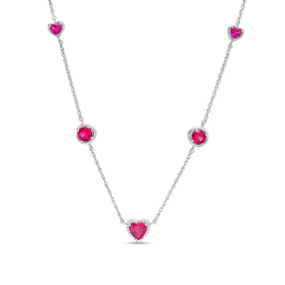 Lab-Created Ruby and 0.067 CT. T.W. Diamond Station Necklace in Sterling Silver