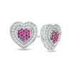 Thumbnail Image 0 of Lab-Created Ruby and 0.23 CT. T.W. Diamond Heart Cluster Frame Stud Earrings in Sterling Silver