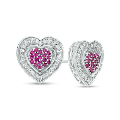 Lab-Created Ruby and 0.23 CT. T.W. Diamond Heart Cluster Frame Stud Earrings in Sterling Silver