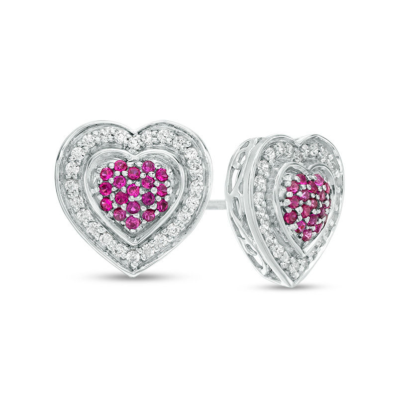 Lab-Created Ruby and 0.23 CT. T.W. Diamond Heart Cluster Frame Stud Earrings in Sterling Silver|Peoples Jewellers