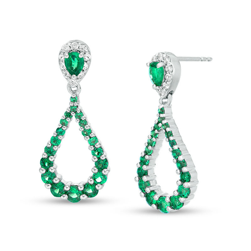 Pear-Shaped Lab-Created Emerald and White Sapphire Frame Teardrop Earrings in Sterling Silver