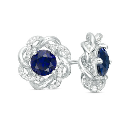 5.0mm Lab-Created Blue Sapphire and 0.145 CT. T.W. Diamond Loose Braided Frame Stud Earrings in 10K White Gold