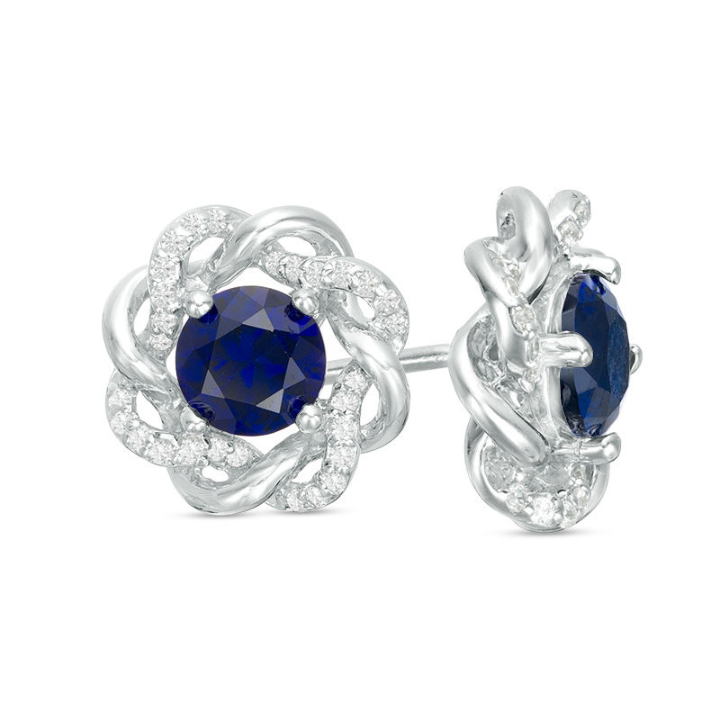 5.0mm Lab-Created Blue Sapphire and 0.145 CT. T.W. Diamond Loose Braided Frame Stud Earrings in 10K White Gold|Peoples Jewellers