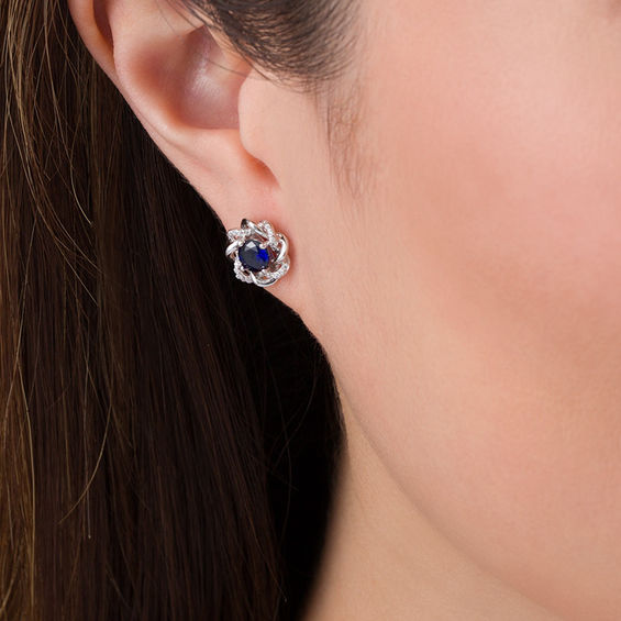 5.0mm Lab-Created Blue Sapphire and 0.145 CT. T.W. Diamond Loose Braided Frame Stud Earrings in 10K White Gold