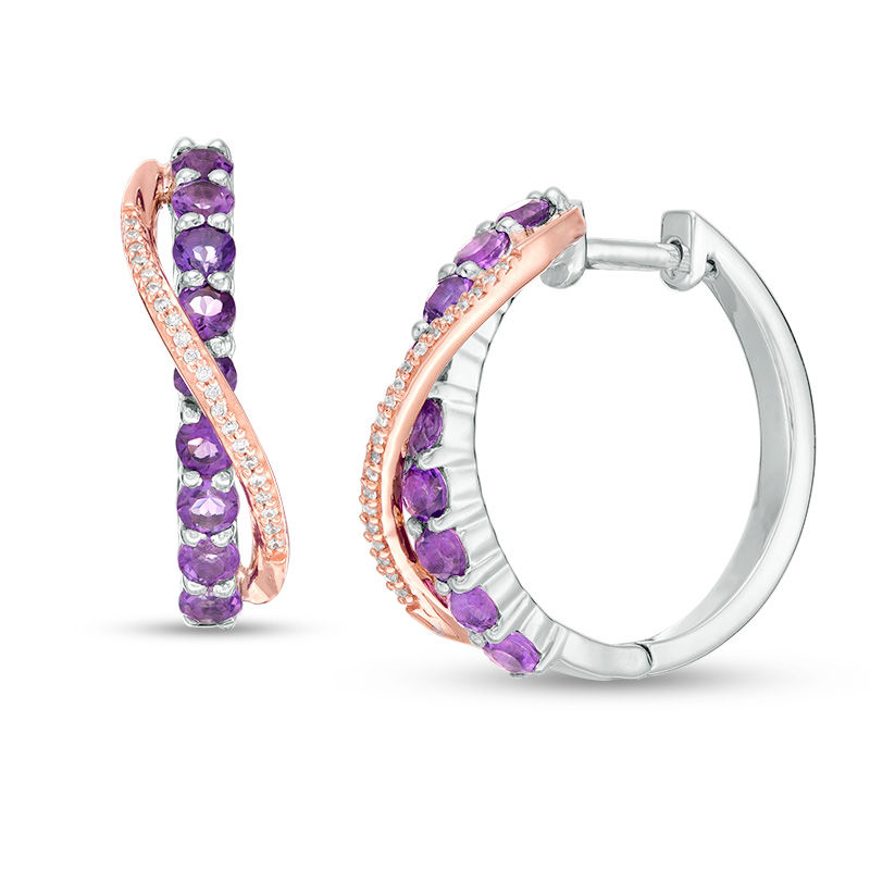 Amethyst and 0.067 CT. T.W. Diamond Crossover Ribbon Hoop Earrings in Sterling Silver and 10K Rose Gold|Peoples Jewellers