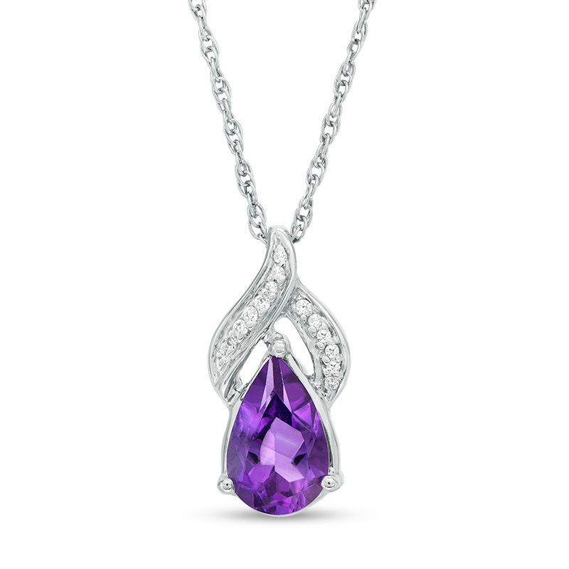Pear-Shaped Amethyst and Diamond Accent Flame Drop Pendant in Sterling Silver