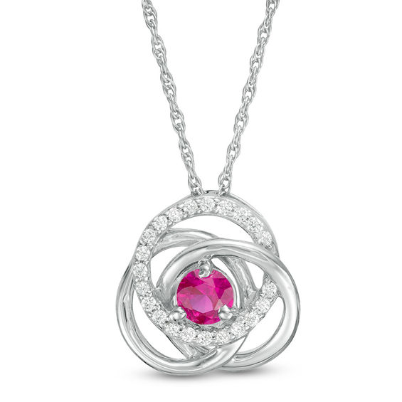 4.0mm Lab-Created Ruby and 0.085 CT. T.W. Diamond Love Knot Frame Pendant in Sterling Silver