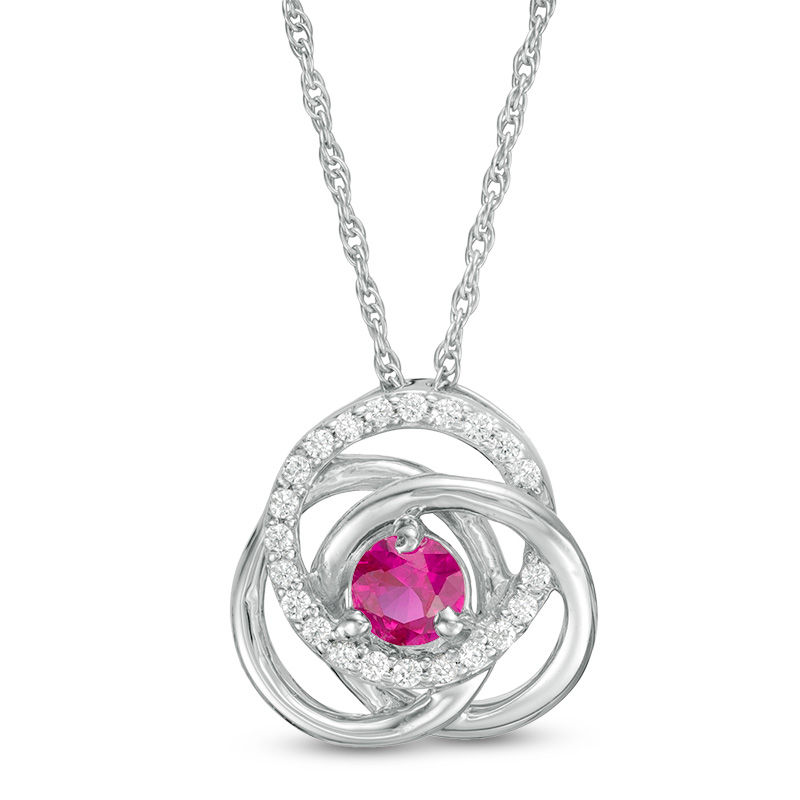 4.0mm Lab-Created Ruby and 0.085 CT. T.W. Diamond Love Knot Frame Pendant in Sterling Silver|Peoples Jewellers