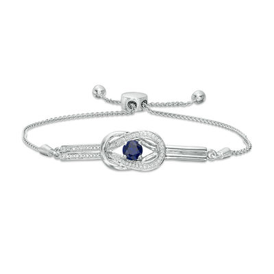 5.0mm Lab-Created Blue Sapphire and 0.085 CT. T.W. Diamond Loop Knot Frame Bolo Bracelet in Sterling Silver - 9.5"