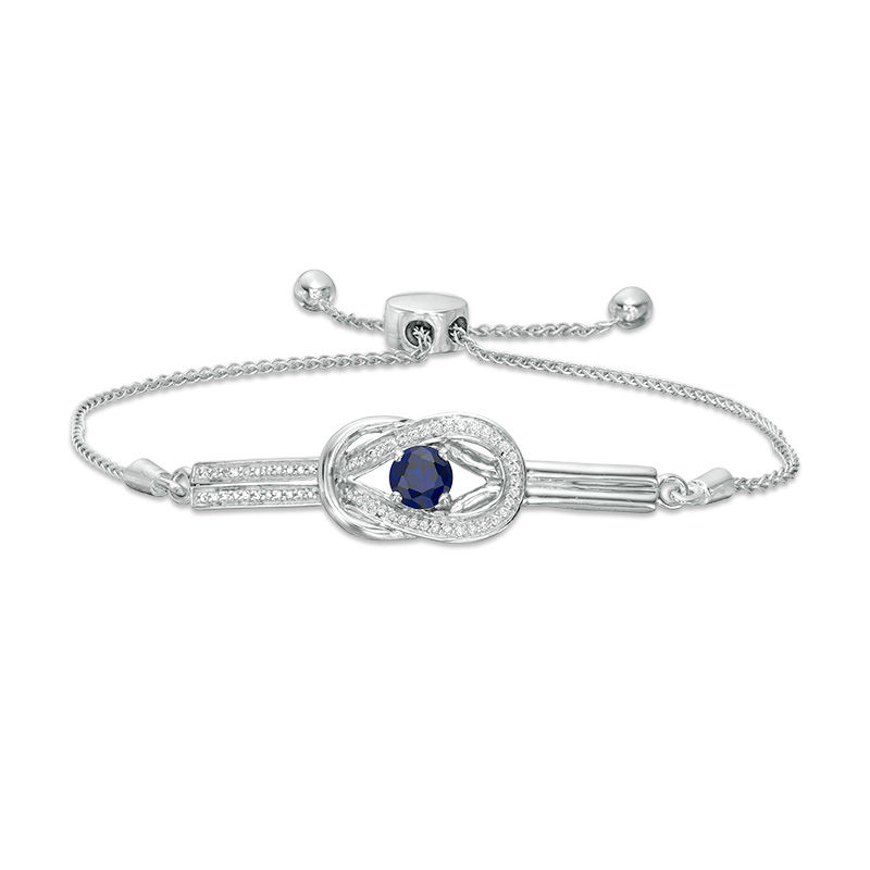 5.0mm Lab-Created Blue Sapphire and 0.085 CT. T.W. Diamond Loop Knot Frame Bolo Bracelet in Sterling Silver - 9.5"|Peoples Jewellers