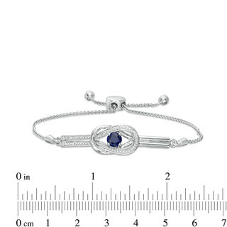 5.0mm Lab-Created Blue Sapphire and 0.085 CT. T.W. Diamond Loop Knot Frame Bolo Bracelet in Sterling Silver - 9.5"