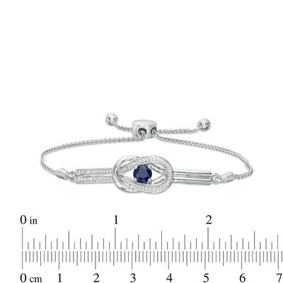 5.0mm Lab-Created Blue Sapphire and 0.085 CT. T.W. Diamond Loop Knot Frame Bolo Bracelet in Sterling Silver - 9.5"