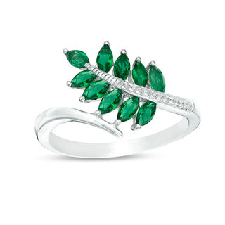 Marquise Lab-Created Emerald and Diamond Accent Bypass Leaf Ring in Sterling Silver