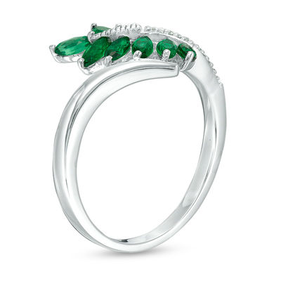 Marquise Lab-Created Emerald and Diamond Accent Bypass Leaf Ring in Sterling Silver