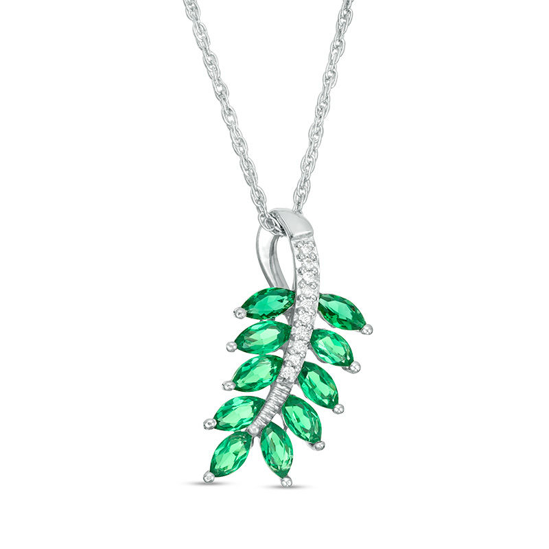 Marquise Lab-Created Emerald and Diamond Accent Leaf Pendant in Sterling Silver|Peoples Jewellers