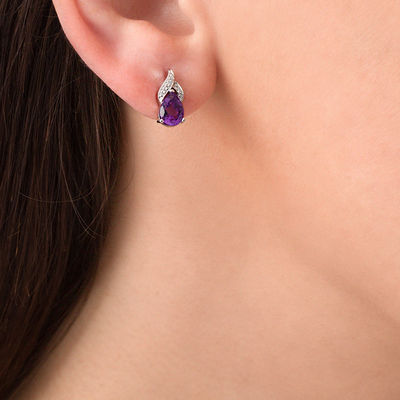 Pear-Shaped Amethyst and Diamond Accent Flame Drop Earrings in Sterling Silver