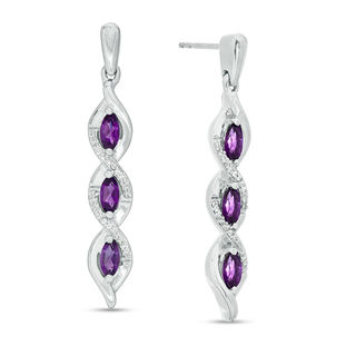 Marquise Amethyst and 0.086 CT. T.W. Diamond Cascading Frame Triple Drop Earrings in Sterling Silver