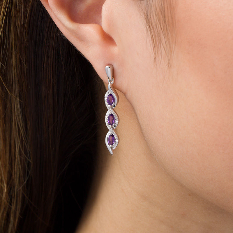 Marquise Amethyst and 0.086 CT. T.W. Diamond Cascading Frame Triple Drop Earrings in Sterling Silver