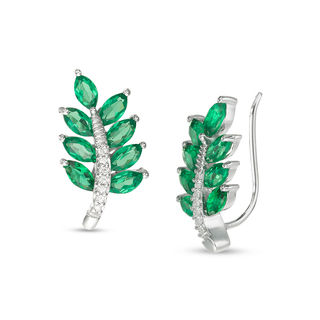 Marquise Lab-Created Emerald and 0.04 CT. T.W. Diamond Leaf Crawler Earrings in Sterling Silver