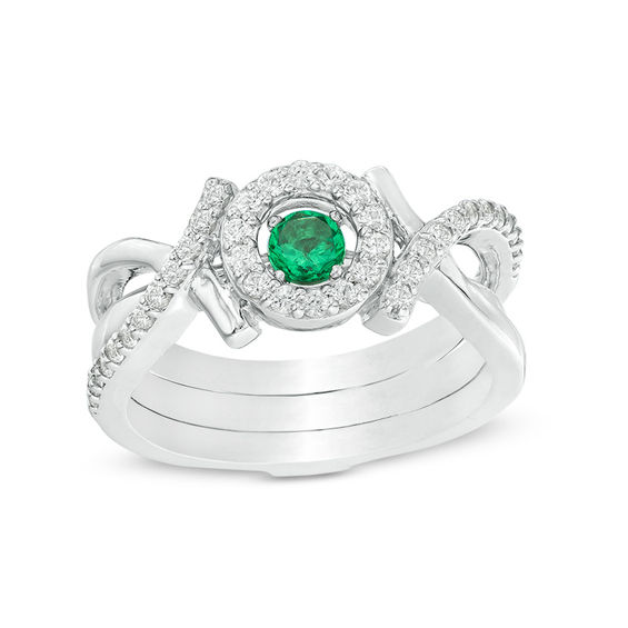 Convertibilities 3.5mm Lab-Created Emerald and White Sapphire Frame "XO" Three-in-One Ring in 10K White Gold