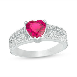 7.0mm Heart-Shaped Lab-Created Ruby and White Sapphire Multi-Row Ring in Sterling Silver