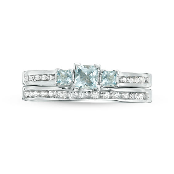 Princess-Cut Aquamarine and Lab-Created White Sapphire Three Stone Bridal Set in Sterling Silver