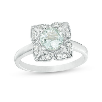 6.0mm Aquamarine and Lab-Created White Sapphire Ornate Flower Frame Ring in Sterling Silver