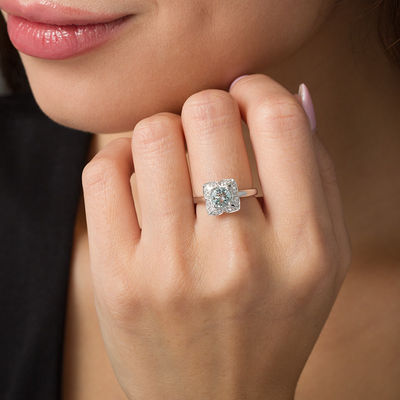 6.0mm Aquamarine and Lab-Created White Sapphire Ornate Flower Frame Ring in Sterling Silver