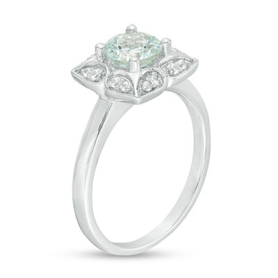 6.0mm Aquamarine and Lab-Created White Sapphire Ornate Flower Frame Ring in Sterling Silver