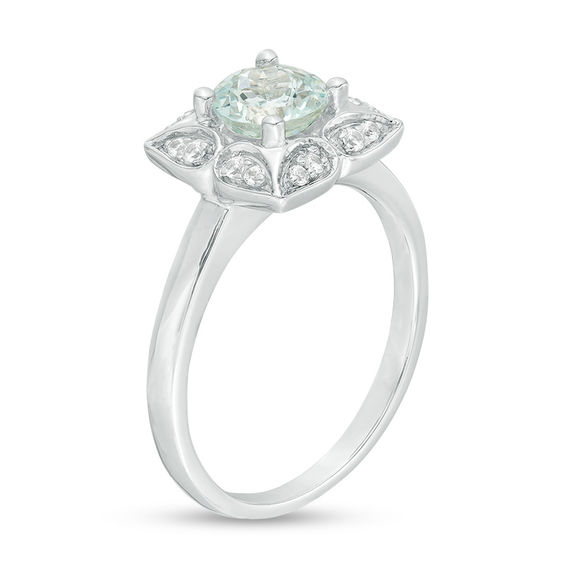 6.0mm Aquamarine and Lab-Created White Sapphire Ornate Flower Frame Ring in Sterling Silver