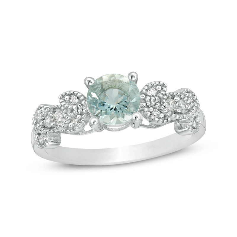6.0mm Aquamarine and 0.119 CT. T.W. Diamond Vintage-Style Vine Ring in 10K White Gold