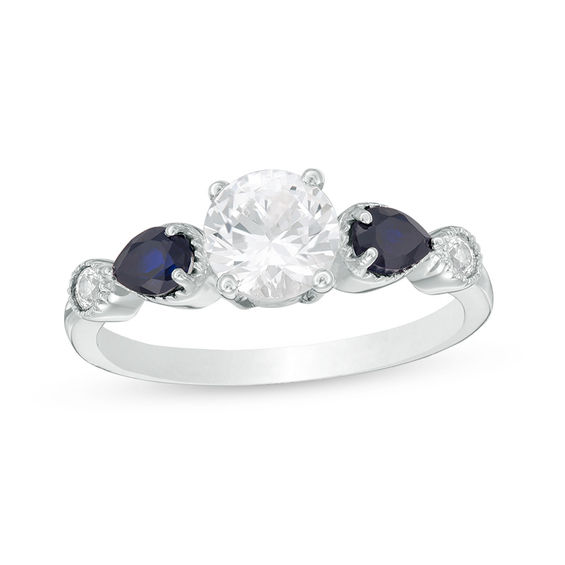 6.0mm Lab-Created White and Blue Sapphire Art Deco Ring in Sterling Silver