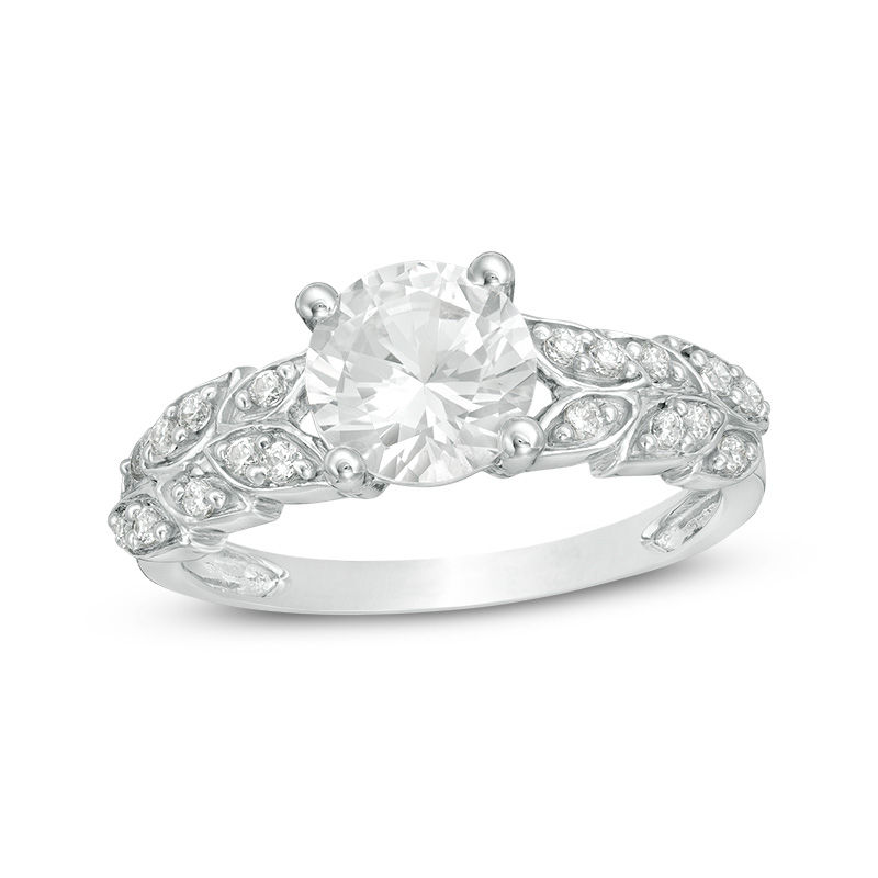 7.0mm Lab-Created White Sapphire and 0.086 CT. T.W. Diamond Leaves Ring in Sterling Silver