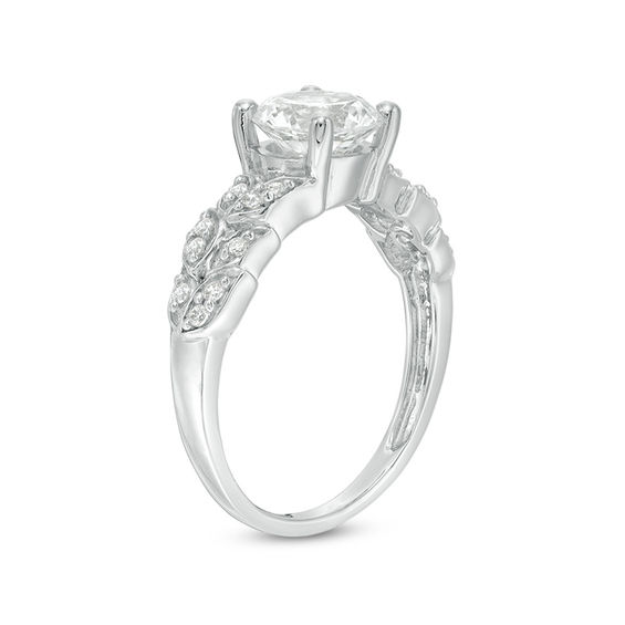 7.0mm Lab-Created White Sapphire and 0.086 CT. T.W. Diamond Leaves Ring in Sterling Silver