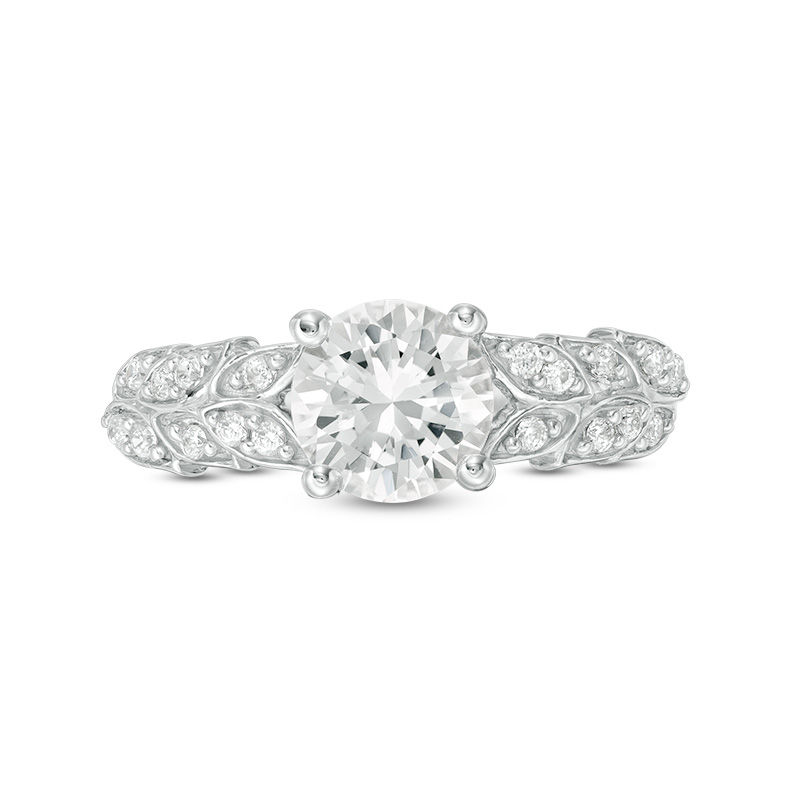 7.0mm Lab-Created White Sapphire and 0.086 CT. T.W. Diamond Leaves Ring in Sterling Silver