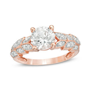 7.0mm Lab-Created White Sapphire and 0.086 CT. T.W. Diamond Leaves Ring in Sterling Silver with 14K Rose Gold Plate