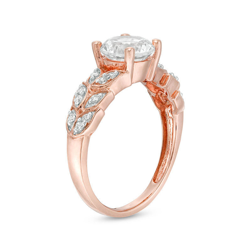 7.0mm Lab-Created White Sapphire and 0.086 CT. T.W. Diamond Leaves Ring in Sterling Silver with 14K Rose Gold Plate