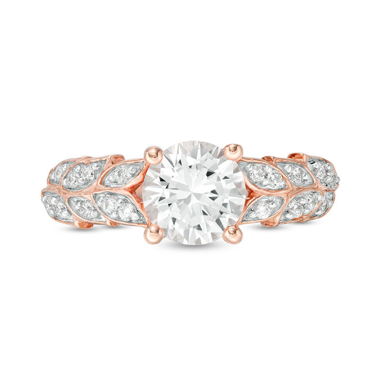 7.0mm Lab-Created White Sapphire and 0.086 CT. T.W. Diamond Leaves Ring in Sterling Silver with 14K Rose Gold Plate