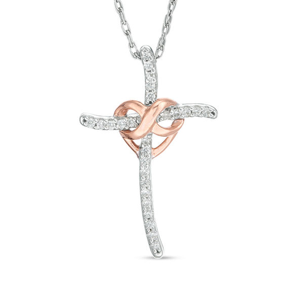 0.085 CT. T.W. Diamond Infinity Heart Cross Pendant in Sterling Silver and 10K Rose Gold