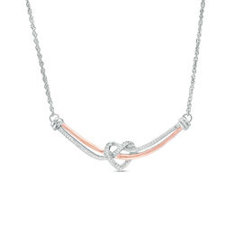 0.147 CT. T.W. Diamond Love Knot Heart Curved Bar Necklace in Sterling Silver and 10K Rose Gold - 16.37&quot;
