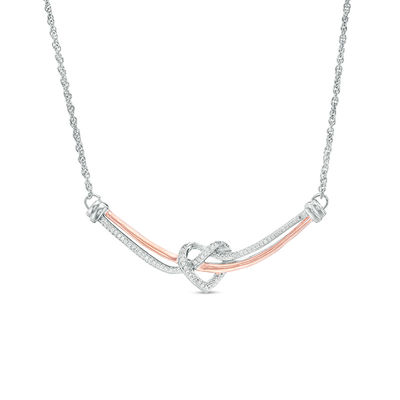 0.147 CT. T.W. Diamond Love Knot Heart Curved Bar Necklace in Sterling Silver and 10K Rose Gold - 16.37"