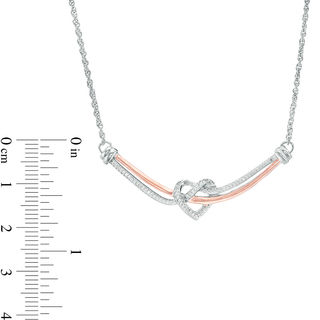 0.147 CT. T.W. Diamond Love Knot Heart Curved Bar Necklace in Sterling Silver and 10K Rose Gold - 16.37"