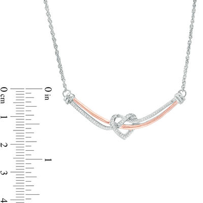 0.147 CT. T.W. Diamond Love Knot Heart Curved Bar Necklace in Sterling Silver and 10K Rose Gold - 16.37"